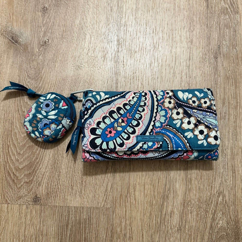 Vera Bradley | All in One RFID Teal‎ Paisley Floral Tri-Fold Wallet